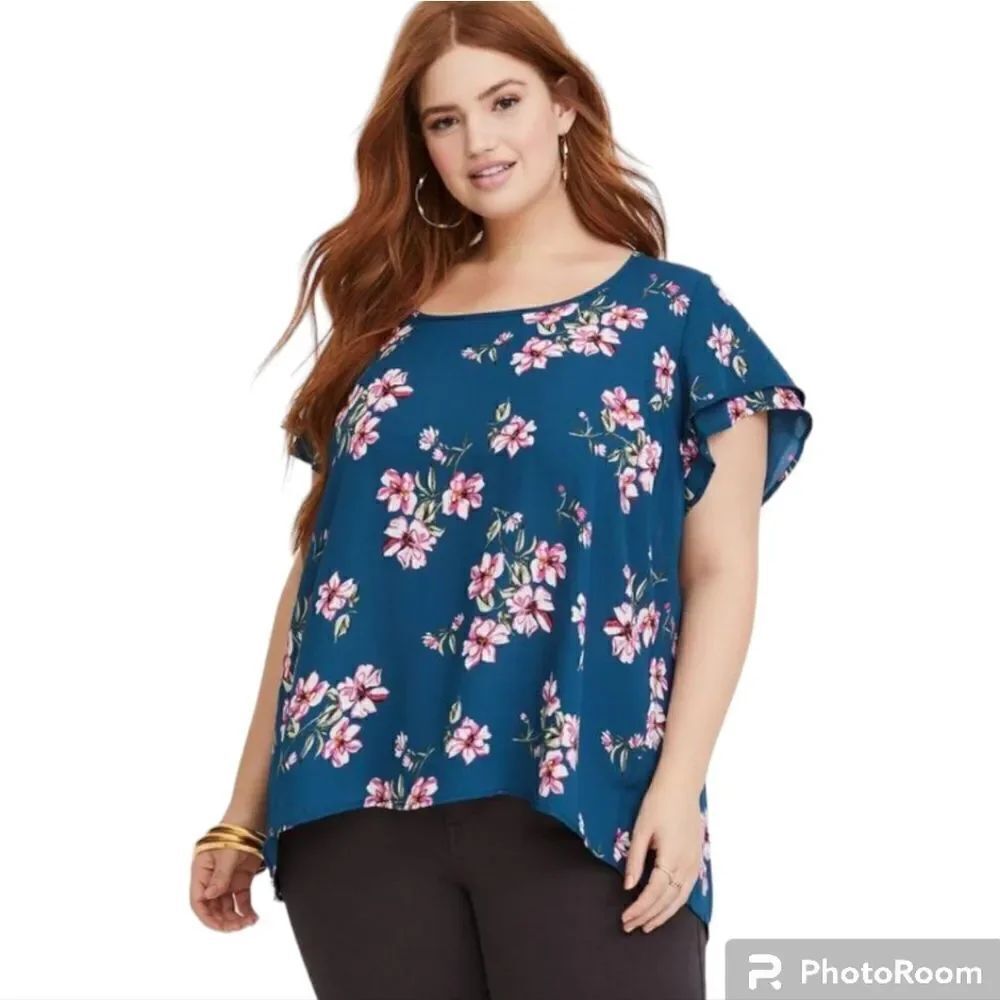 Torrid Georgette Flutter Sleeve Blouse Blue Floral Hi-lo Hem Summer Size 3X